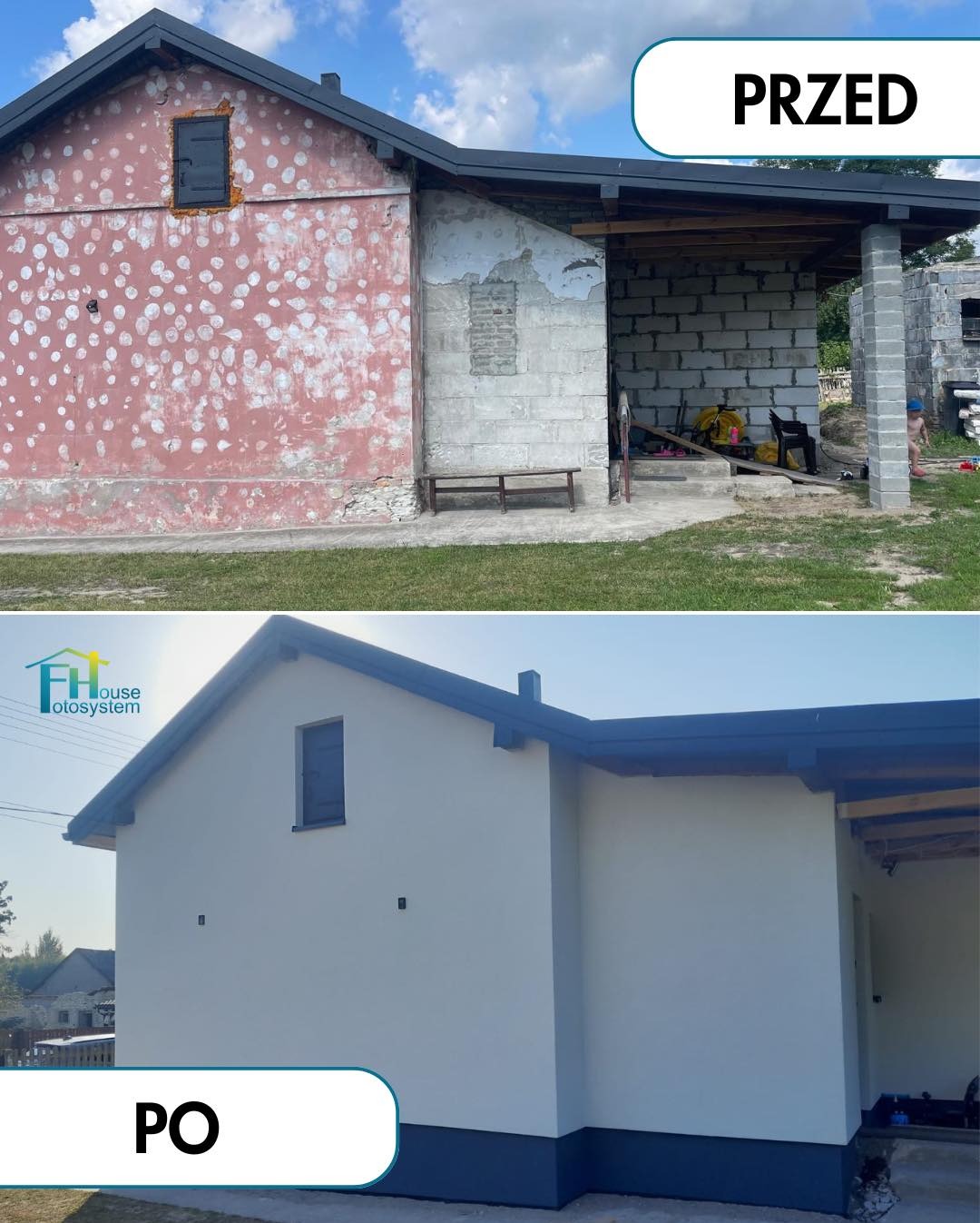 Porównanie stanu budynku przed i po termomodernizacji: od bladoróżowej, nierównej elewacji z widocznymi ubytkami do gładkiej, białej ściany z granatowymi akcentami.