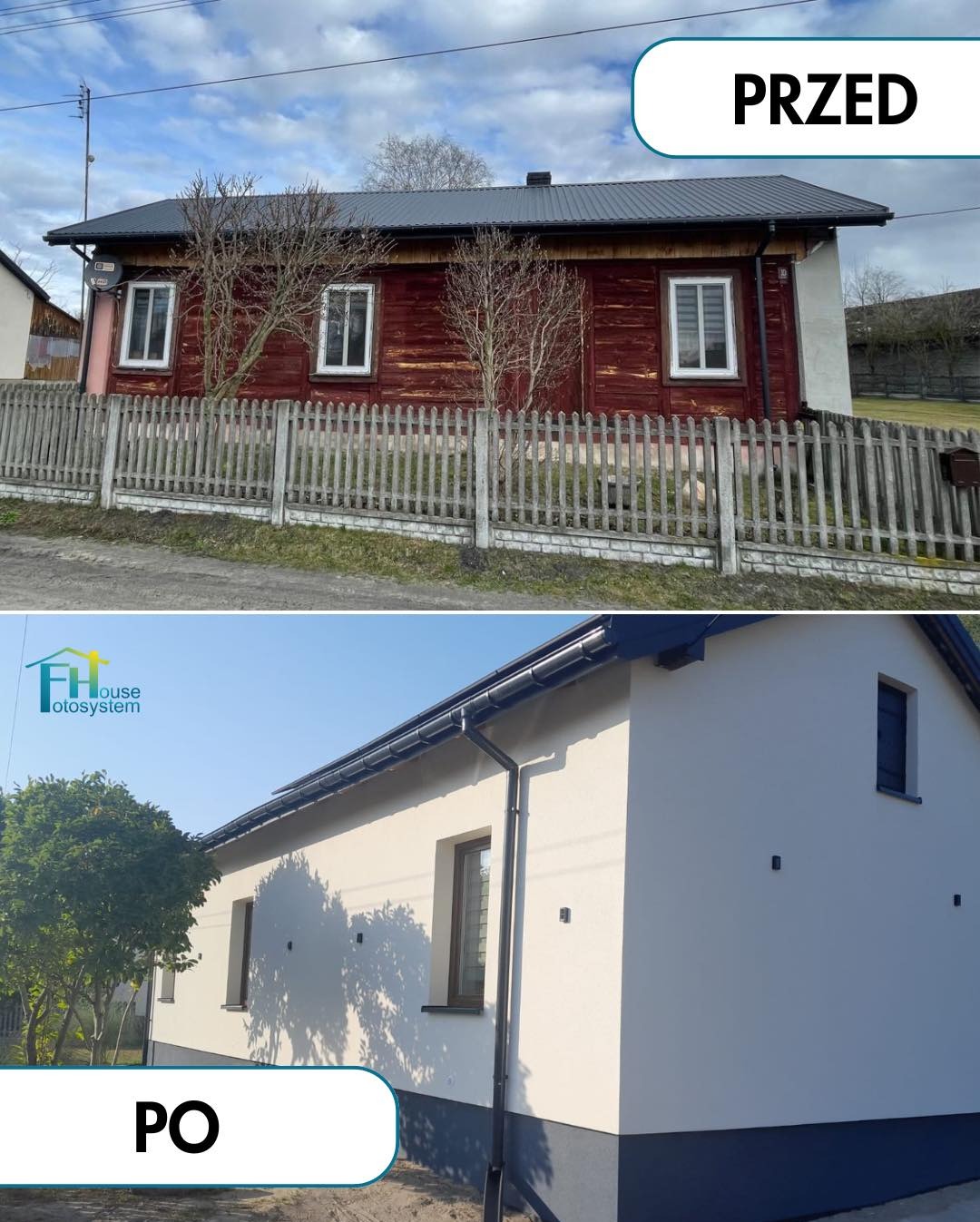Dom jednorodzinny przed i po termomodernizacji: od drewnianej elewacji z widocznymi ubytkami do otynkowanej, jasnej fasady z nowymi rynnami.