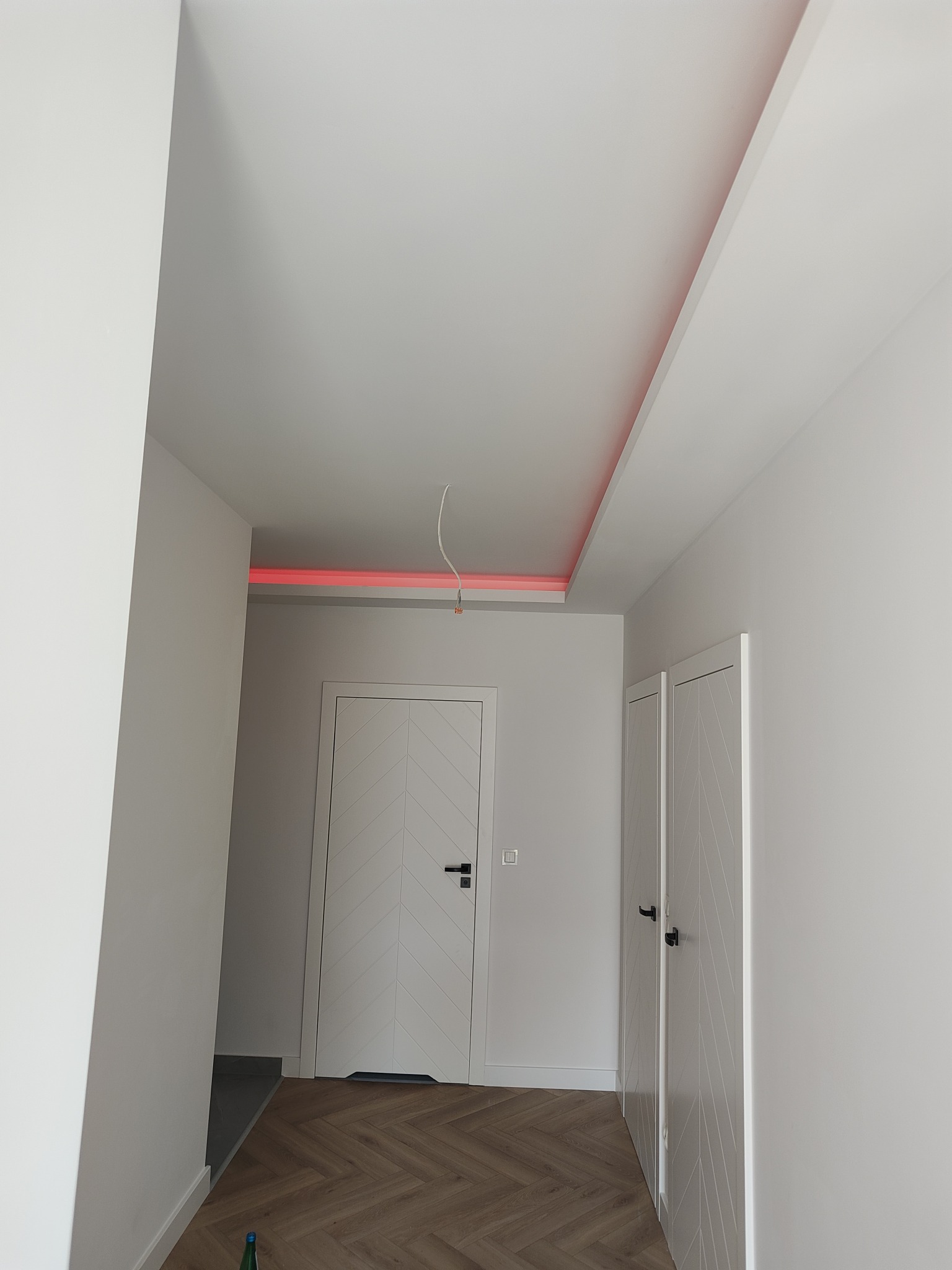 Nowoczesny korytarz z białymi ścianami, dwiema białymi drzwiami z wzorem w jodełkę, panelami podłogowymi w jodełkę oraz podwieszanym sufitem z czerwonym oświetleniem LED i wystającymi kablami.