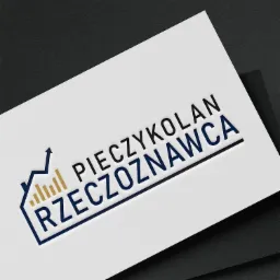 Eleganckie logo firmy 'PIECZYKOLAN RZECZOZNAWCA' na białej wizytówce z subtelnym teksturowanym tłem, przedstawiające stylizowany wykres wzrostu w kolorach złotym i granatowym, symbolizujące branżę...
