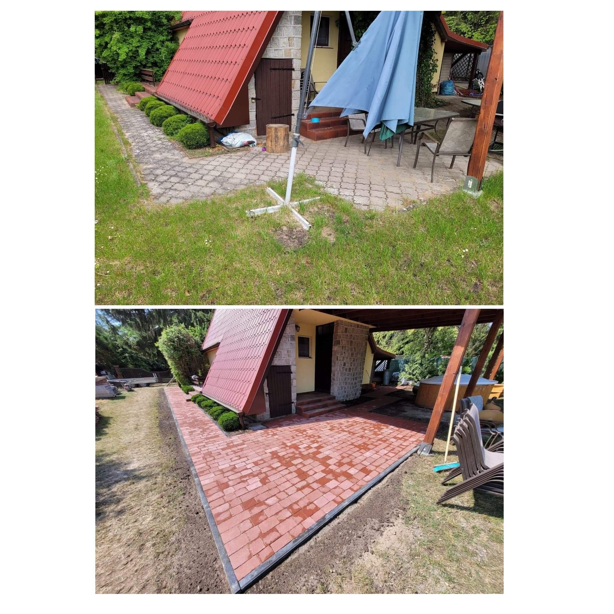 Porównanie stanu przed i po ułożeniu nowej, czerwonej kostki brukowej wokół domu z czerwonym dachem, widoczne krzewy ozdobne wzdłuż ścieżki.