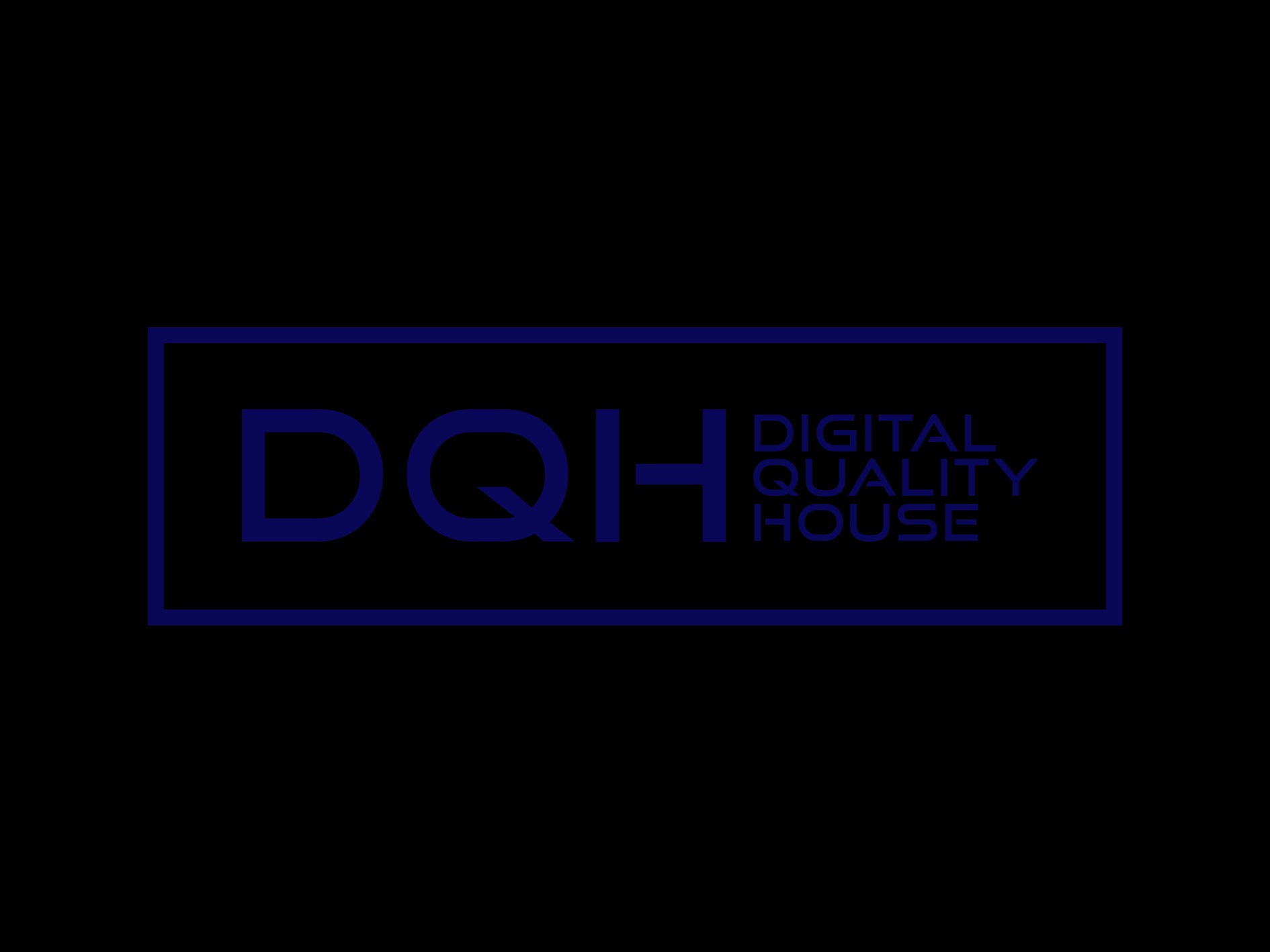Logo firmy DQH Digital Quality House w granatowej ramce na czarnym tle.