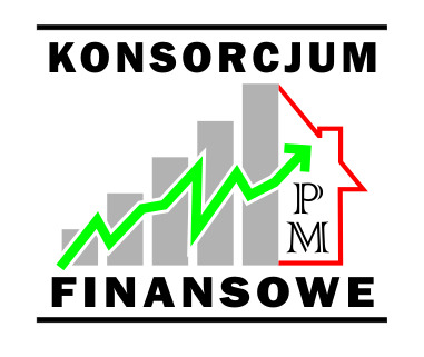Grafika z napisem 'KONSORCJUM FINANSOWE', stylizowany wykres wzrostu z zieloną strzałką, która przechodzi w czerwony obrys domu, litery 'IPM' w czerwonej ramce.