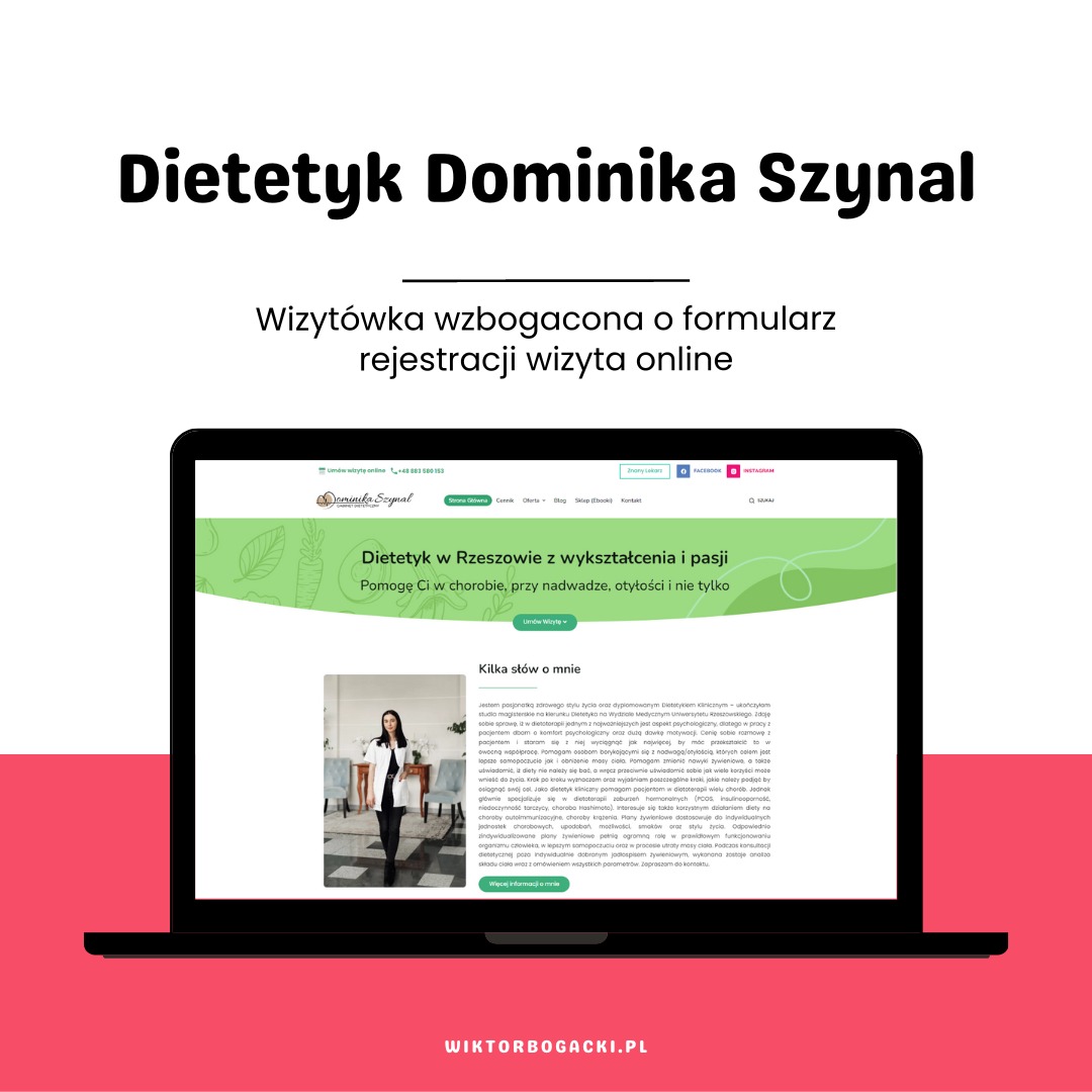 Ekran laptopa wyświetlający stronę internetową dietetyk Dominiki Szynal, z systemem rejestracji wizyt online, prezentującą jej ofertę i dane kontaktowe.