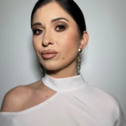 Portret kobiety z profesjonalnym makijażem, podkreślone oczy w odcieniach brązu i złota, błyszczące usta w kolorze nude, włosy upięte do góry, widoczne długie, ozdobne kolczyki