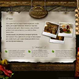 Projekt strony internetowej karczmy z rustykalnym motywem, prezentujący menu i zdjęcia wnętrz oraz potraw.