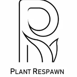Minimalistyczne logo firmy 'Plant Respawn' przedstawiające stylizowaną literę 'R' z elementami liści w czarnym konturze na białym tle.