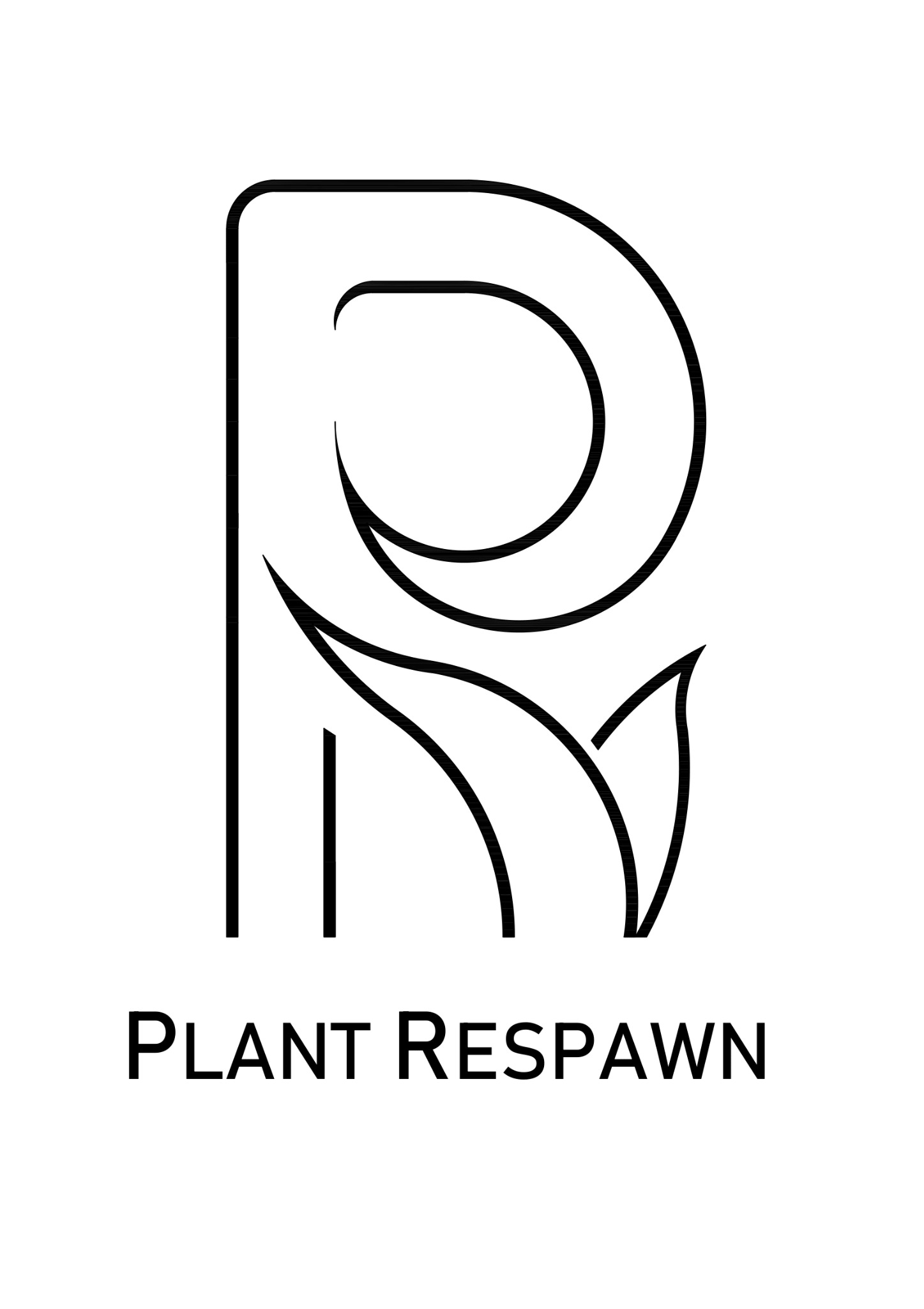 Minimalistyczne logo firmy 'Plant Respawn' przedstawiające stylizowaną literę 'R' z elementami liści w czarnym konturze na białym tle.