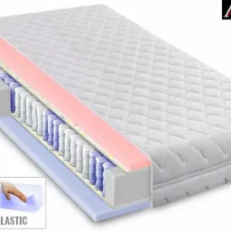 Przekrój materaca z widocznymi warstwami sprężyn, pianki memory i elastycznej, z logo producenta w prawym górnym rogu.