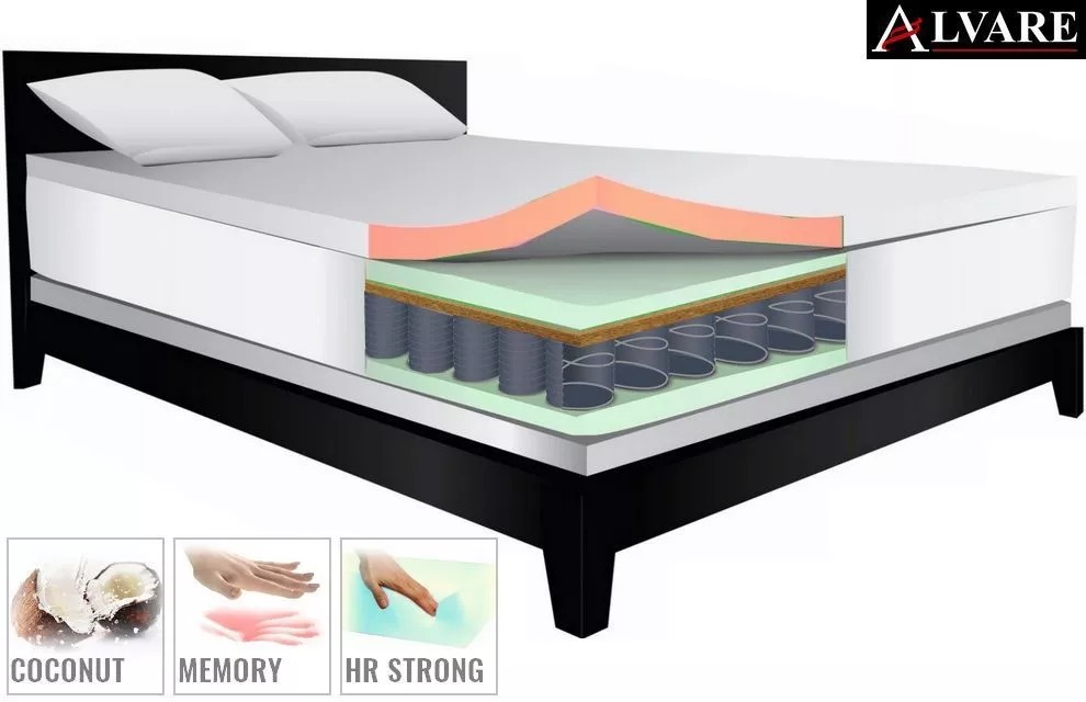 Przekrój materaca na czarnej ramie łóżka, ukazujący warstwy: piankę termoelastyczną, sprężyny kieszeniowe i warstwę kokosową. W tle dwie białe poduszki. W rogu logo producenta. Na dole ikony...