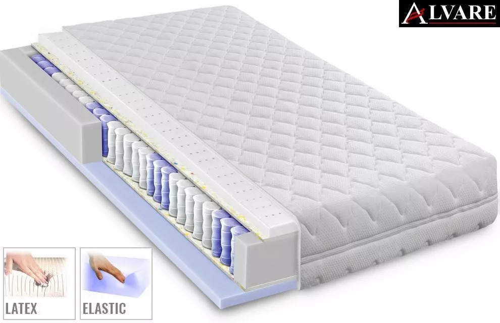 Przekrój materaca z widocznymi warstwami sprężyn, pianki i lateksu, prezentacja budowy i technologii, logo producenta w prawym górnym rogu.