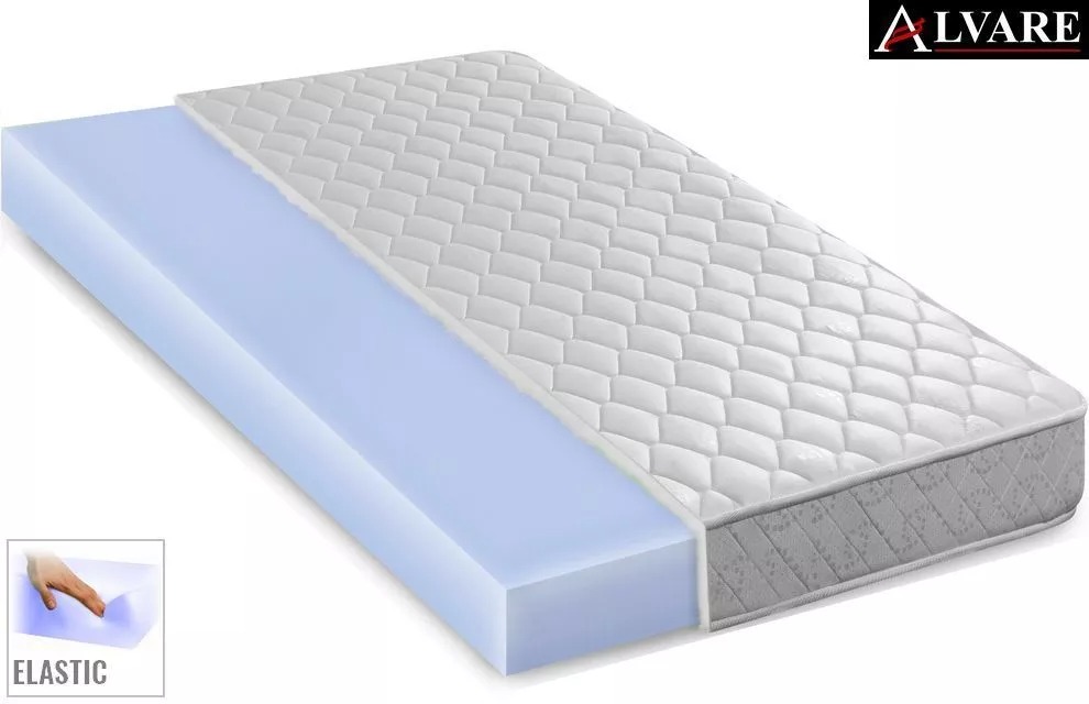 Przekrój materaca z widoczną warstwą pianki o wysokiej elastyczności, prezentacja właściwości produktu z logotypem producenta w prawym górnym rogu.