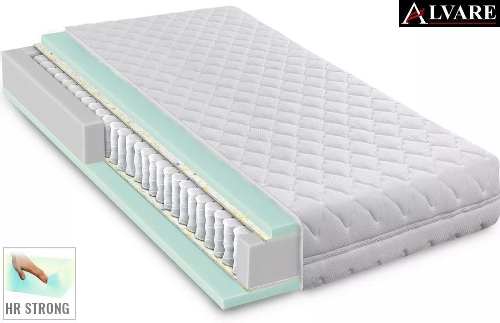 Przekrój materaca kieszeniowego z widocznymi warstwami pianki, sprężyn i tkaniny obiciowej, prezentacja budowy i technologii HR Strong, logo producenta Alvare w prawym górnym rogu.