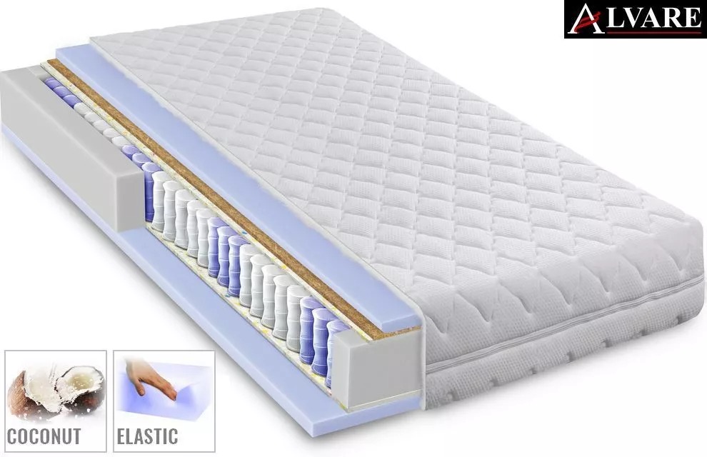 Przekrój materaca z widocznymi warstwami: sprężyny kieszeniowe, pianka, włókno kokosowe; w rogu logo firmy Alvare oraz ikony kokosa i elastyczności.