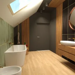 Nowoczesna łazienka na poddaszu z zielonymi płytkami imitującymi patynę, drewnianymi lamelami, owalnym lustrem z różową obwódką i drewnianą szafką pod umywalką.