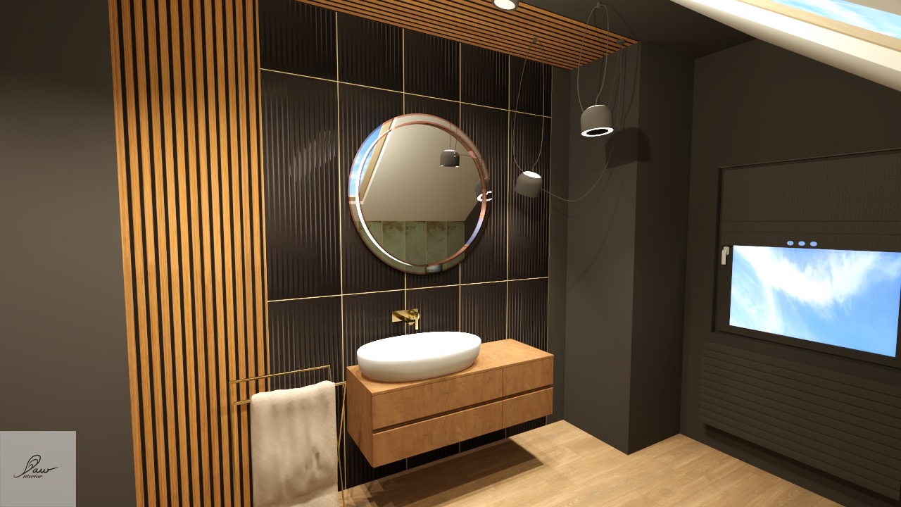 Wizualizacja łazienki z umywalką nablatową na szafce z drewnianym fornirem, okrągłym lustrem z podświetleniem i czarnymi płytkami ściennymi z metalowymi listwami, drewniane lamele na ścianie...