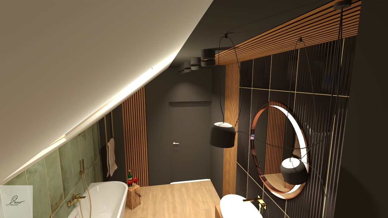 Wizualizacja łazienki na poddaszu z zielonymi płytkami, wanną, okrągłym lustrem z podświetleniem LED i drewnianymi akcentami na ścianach i suficie.