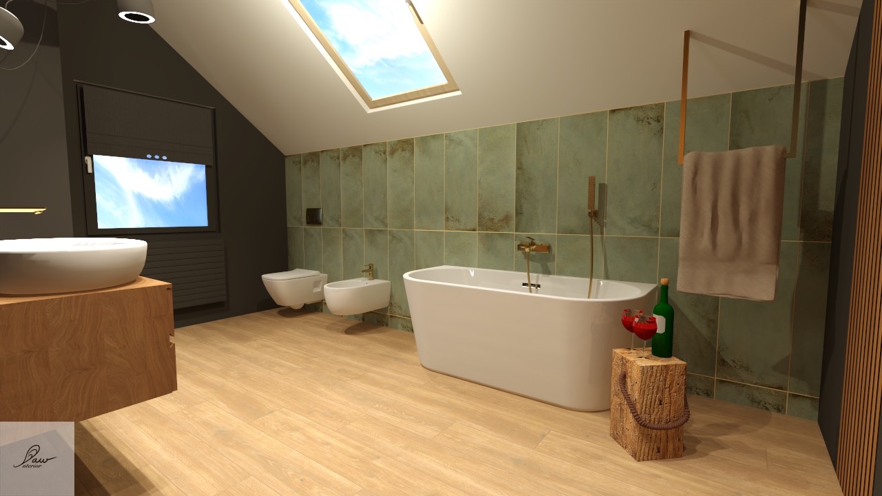 Wizualizacja łazienki na poddaszu z oknem dachowym, białą wanną wolnostojącą, umywalką nablatową na drewnianej szafce, toaletą i bidetem w kolorze białym, zielonymi płytkami na ścianach...