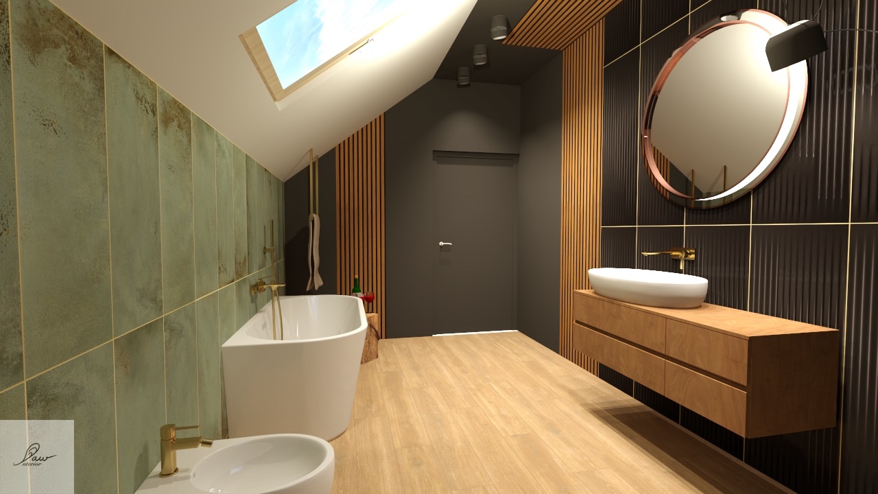 Nowoczesna łazienka na poddaszu z zielonymi płytkami imitującymi patynę, drewnianymi lamelami, owalnym lustrem z różową obwódką i drewnianą szafką pod umywalką.