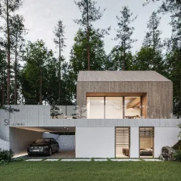 Wizualizacja nowoczesnego domu z drewnianą elewacją, betonową spiralną rampą i garażem z czarnym SUV-em, otoczonego lasem.