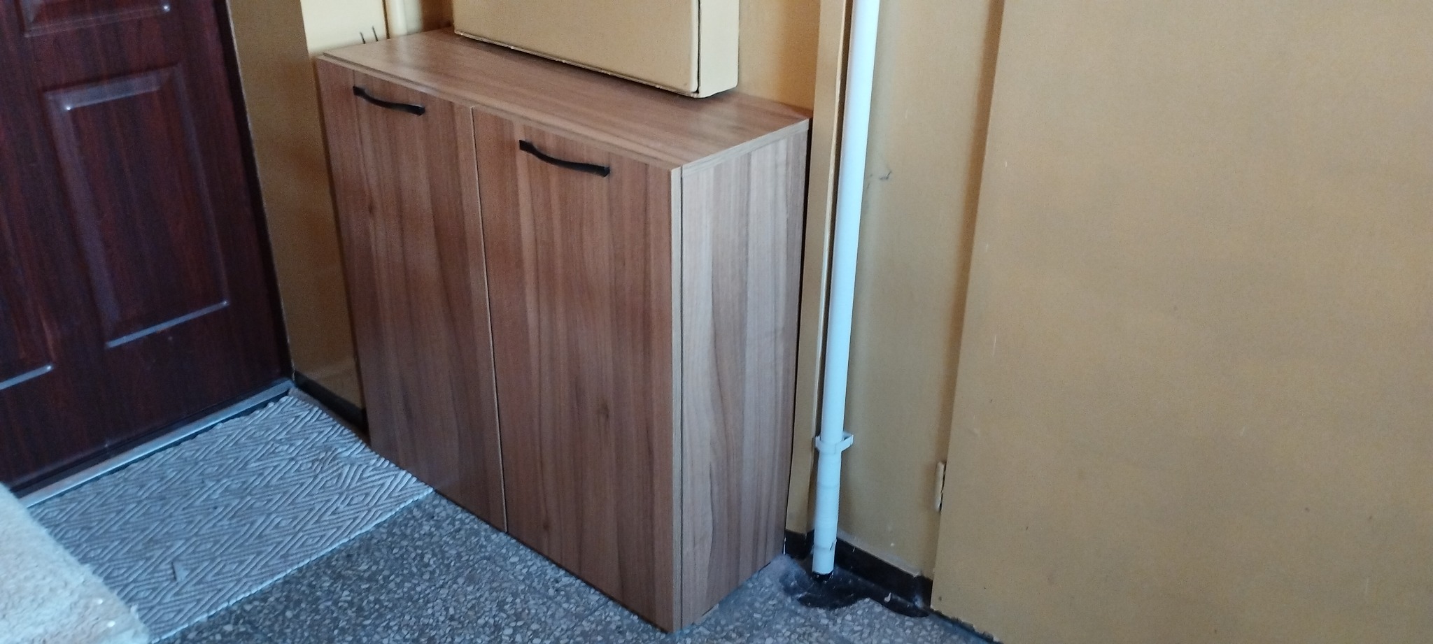 Dwudrzwiowa szafka z jasnego drewna z czarnymi uchwytami, stojąca w przedpokoju przy wejściu.