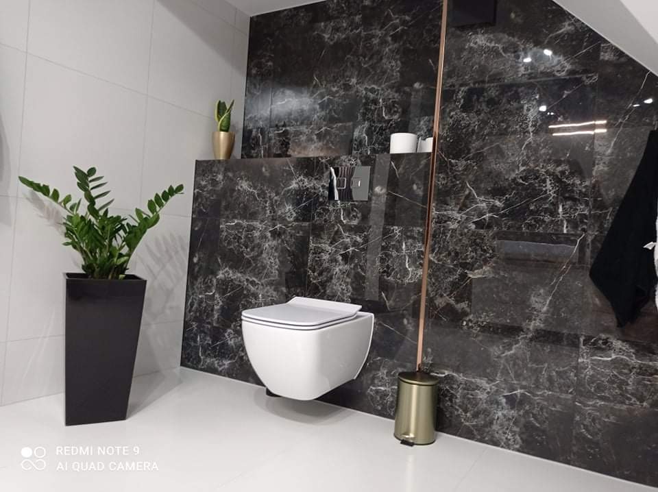 Nowoczesna łazienka z wiszącą toaletą na tle ciemnych, marmurkowych płytek, uzupełniona wysoką rośliną w czarnej donicy i złotymi akcentami.