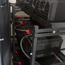 Baterie akumulatorowe na metalowym regale w pomieszczeniu technicznym, widoczne przewody z czerwonymi złączkami.