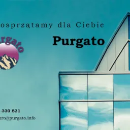 Grafika reklamowa firmy Purgato z logo (góra w okręgu, góry), tekstem 'posprzątamy dla Ciebie Purgato', numerem telefonu i adresem email, na tle fragmentu nowoczesnego biurowca z refleksami na oknach.