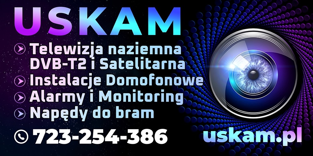 Grafika reklamowa firmy USKAM z ofertą: Telewizja naziemna DVB-T2 i Satelitarna, Instalacje Domofonowe, Alarmy i Monitoring, Napędy do bram. Kontakt: 723-254-386, uskam.pl. W tle abstrakcyjna...