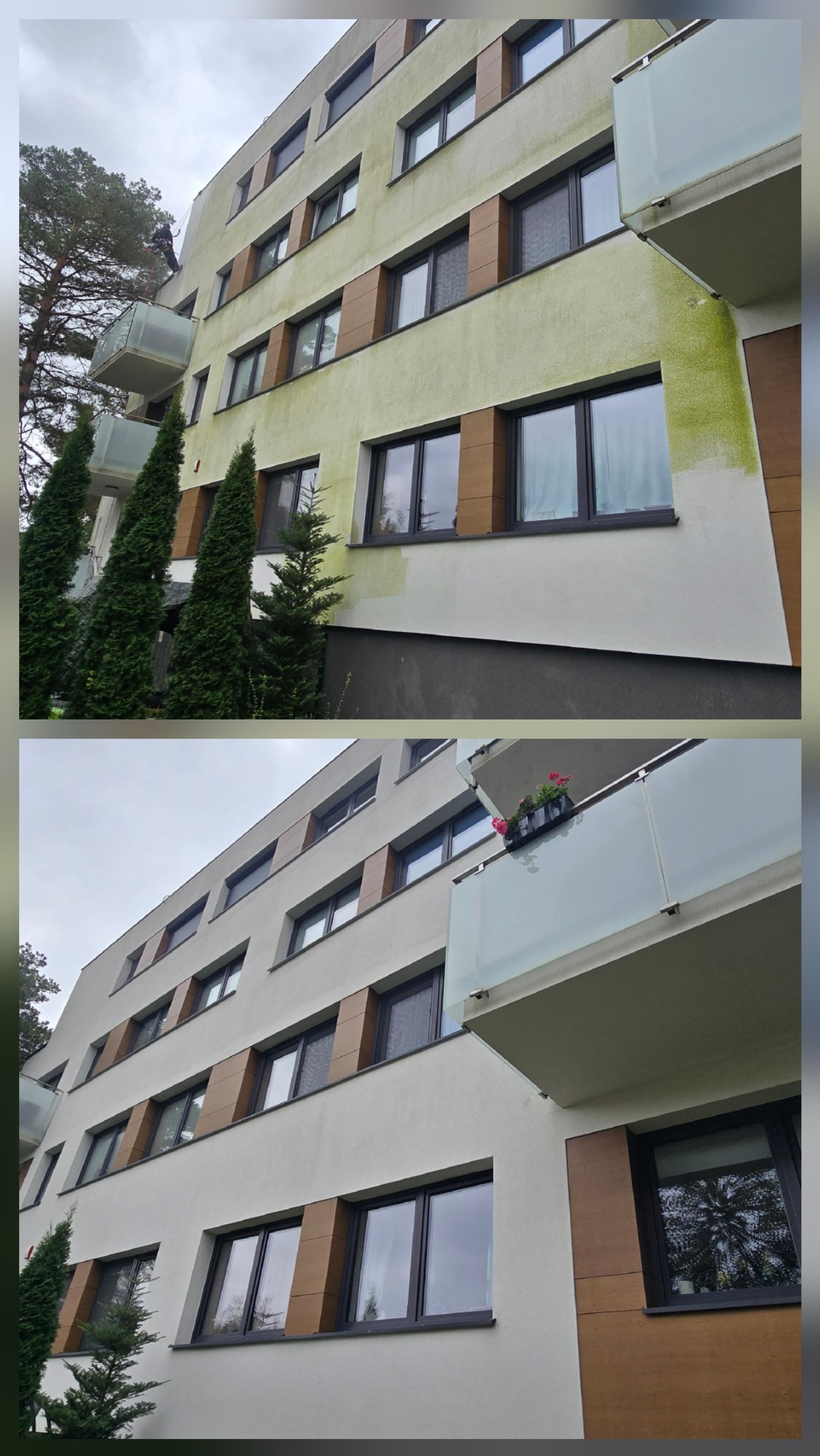 Porównanie elewacji budynku przed i po czyszczeniu. Widoczne różnice w kolorze i czystości, z pracownikiem na wysokości w lewym górnym rogu.