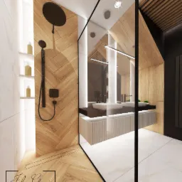 Wizualizacja nowoczesnej łazienki z kabiną prysznicową typu walk-in, drewnianą ścianą w jodełkę, czarną armaturą i minimalistyczną umywalką z szafką.
