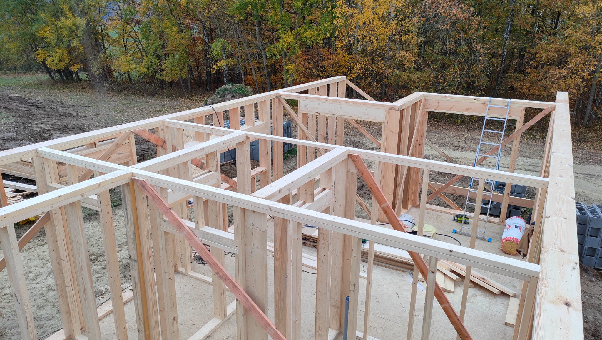 Wznoszenie konstrukcji szkieletowej domu z widoczną drabiną wewnątrz, na tle jesiennego lasu.