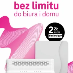 Biały router i naklejka z ofertą cenową 2 zł za 6 miesięcy, różowe grafiki w tle, napis 'Internet bez limitu do biura i domu'.