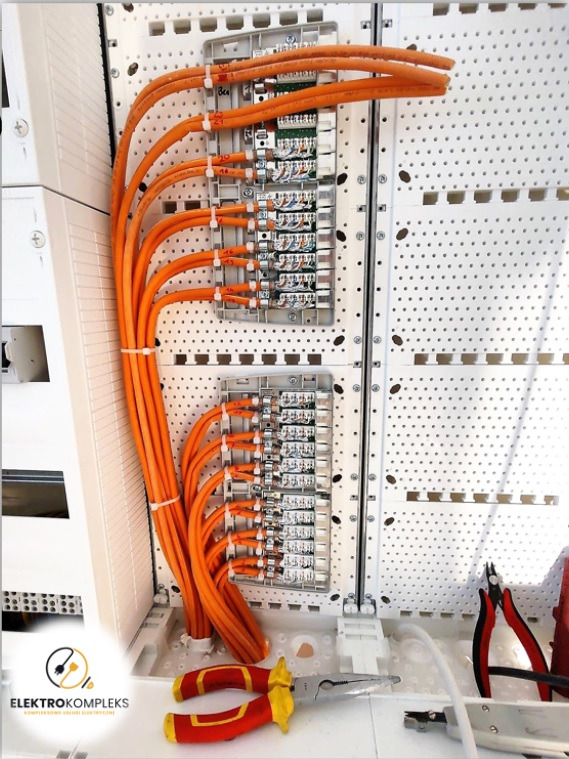 Dwa panele krosownicze z podłączonymi pomarańczowymi kablami, uporządkowanymi za pomocą opasek zaciskowych, widoczne narzędzia: kombinerki z czerwonymi i żółtymi rękojeściami oraz szczypce tnące...