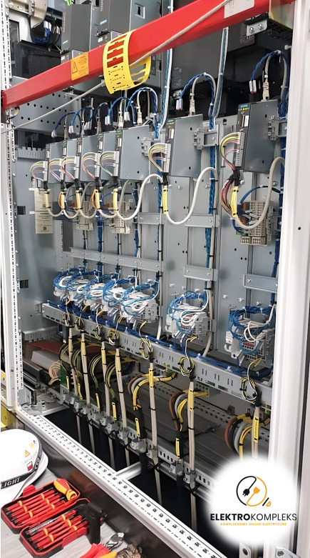 Rozdzielnica elektryczna z precyzyjnie ułożonymi przewodami, narzędzia i kask na pierwszym planie, widoczne logo firmy.