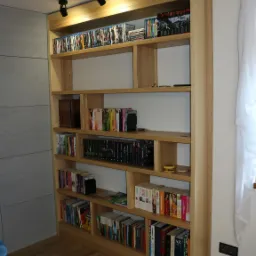 Drewniany regał na książki i płyty DVD z oświetleniem punktowym, wkomponowany we wnękę ściany, z widoczną kolekcją książek i filmów.