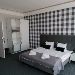 Pokój hotelowy z łóżkiem dwuosobowym, szafą z mini-lodówką i ścianą w czarno-białą kratę.