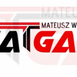 Logo firmy MATGAM Mateusz Węgliński z czarną literą M i czerwoną resztą nazwy na białym tle z szarym cieniem.