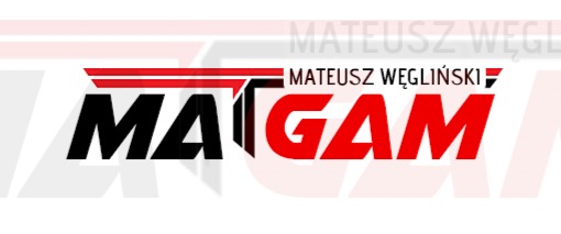 Logo firmy MATGAM Mateusz Węgliński z czarną literą M i czerwoną resztą nazwy na białym tle z szarym cieniem.
