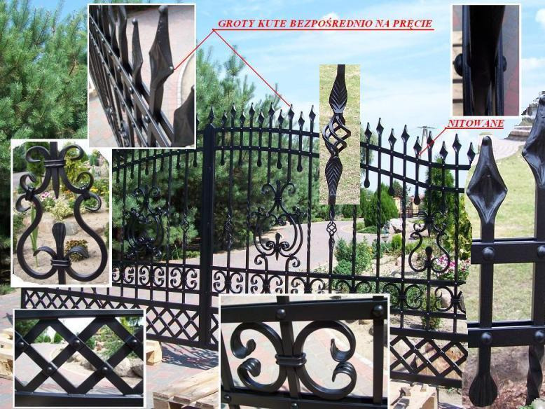 Czarna, ozdobna brama z elementami kutymi, detale mocowań nitowanych, groty bezpośrednio na pręcie, widoczne różne wzory i style wykończenia, tło z zielenią.