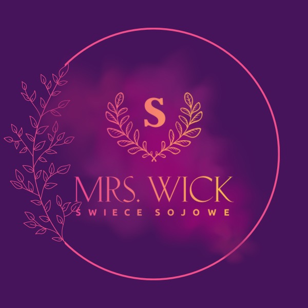 Logo firmy Mrs. Wick, specjalizującej się w świecach sojowych, w fioletowo-różowej kolorystyce z motywem roślinnym i literą S w wieńcu laurowym.