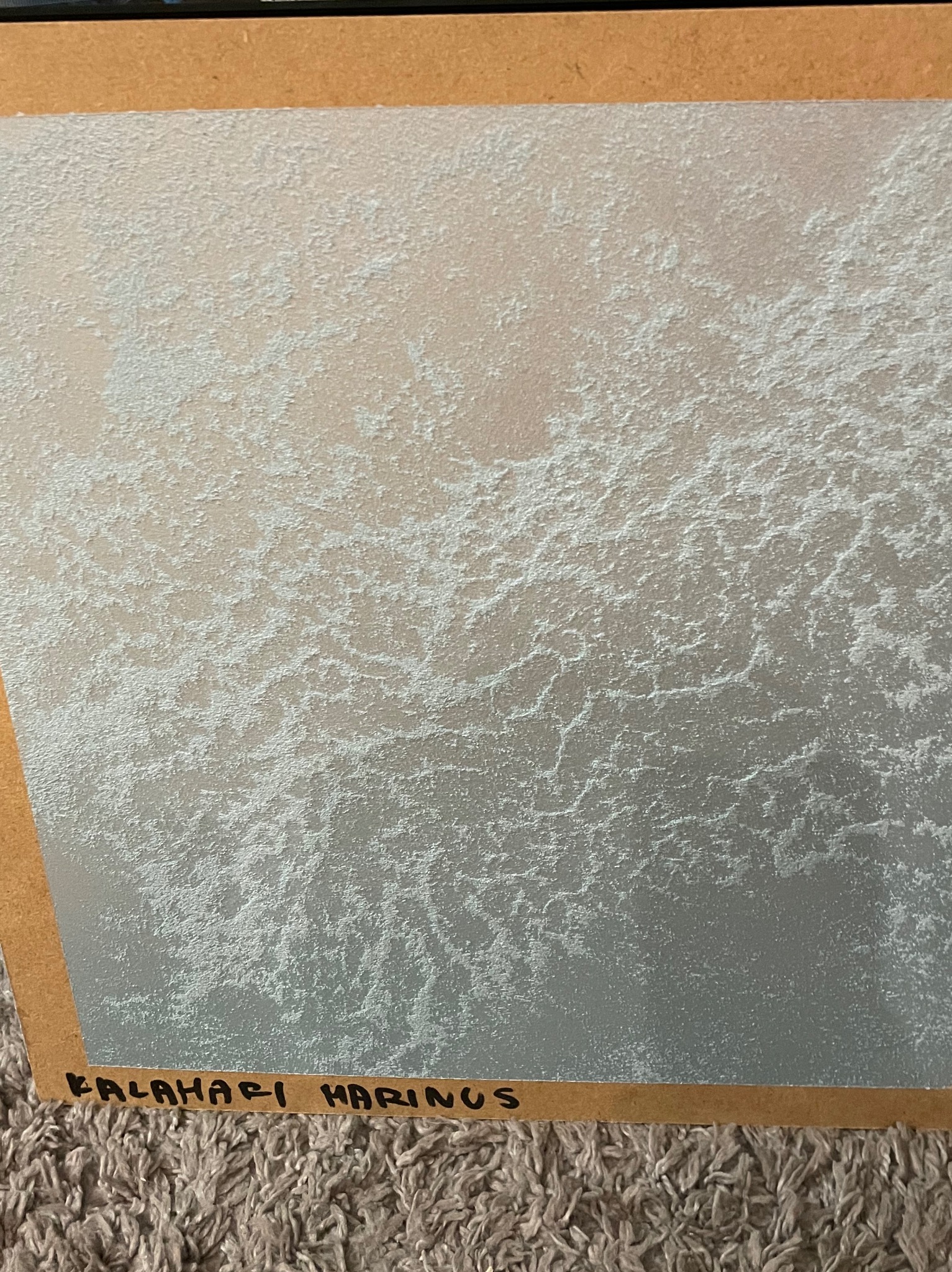 Szara ściana z dekoracyjną strukturą, imitującą piasek pustynny, podpisana 'KALAHARI MARINUS' na dolnej krawędzi, widoczny fragment dywanu.