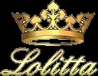 Złoty napis 'Lolitta' z koroną powyżej, na czarnym tle.