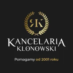 Logo Kancelarii Klonowski: złoty wieniec laurowy otaczający stylizowane inicjały 'JK' nad nazwą kancelarii i hasłem 'Pomagamy od 2001 roku' na czarnym tle.