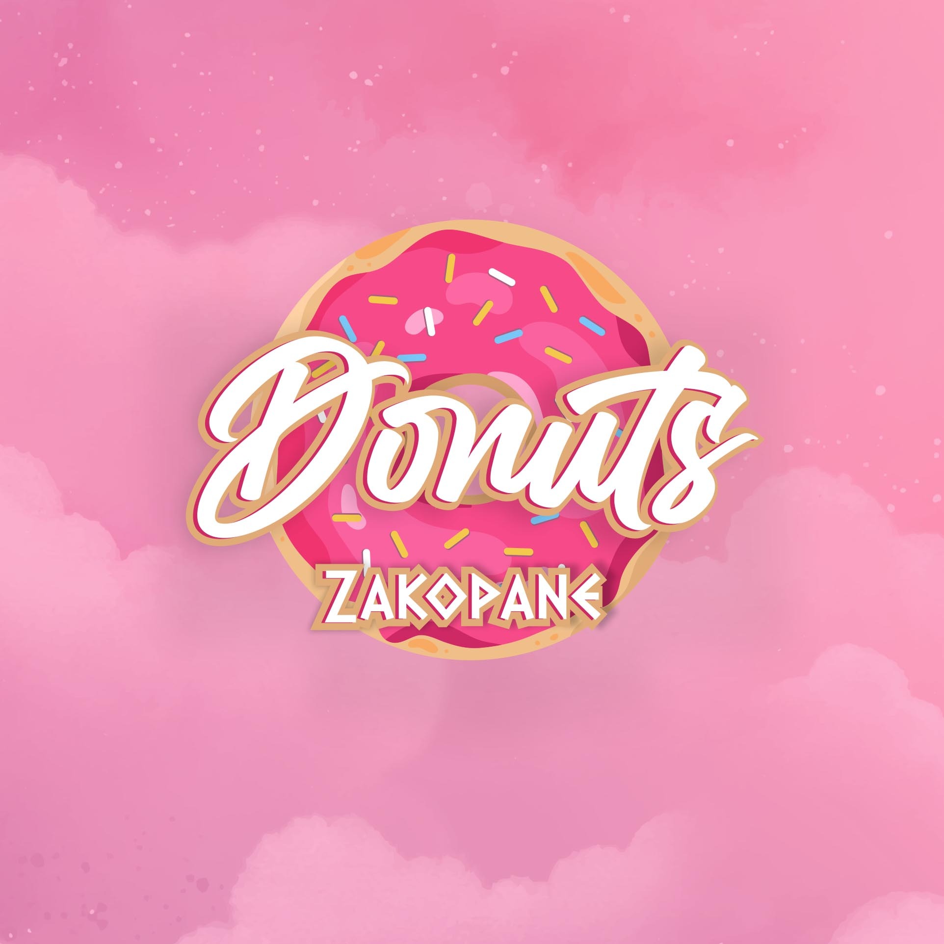Ilustracja logo cukierni Donuts Zakopane z pączkiem z różowym lukrem i posypką na tle różowych chmur.
