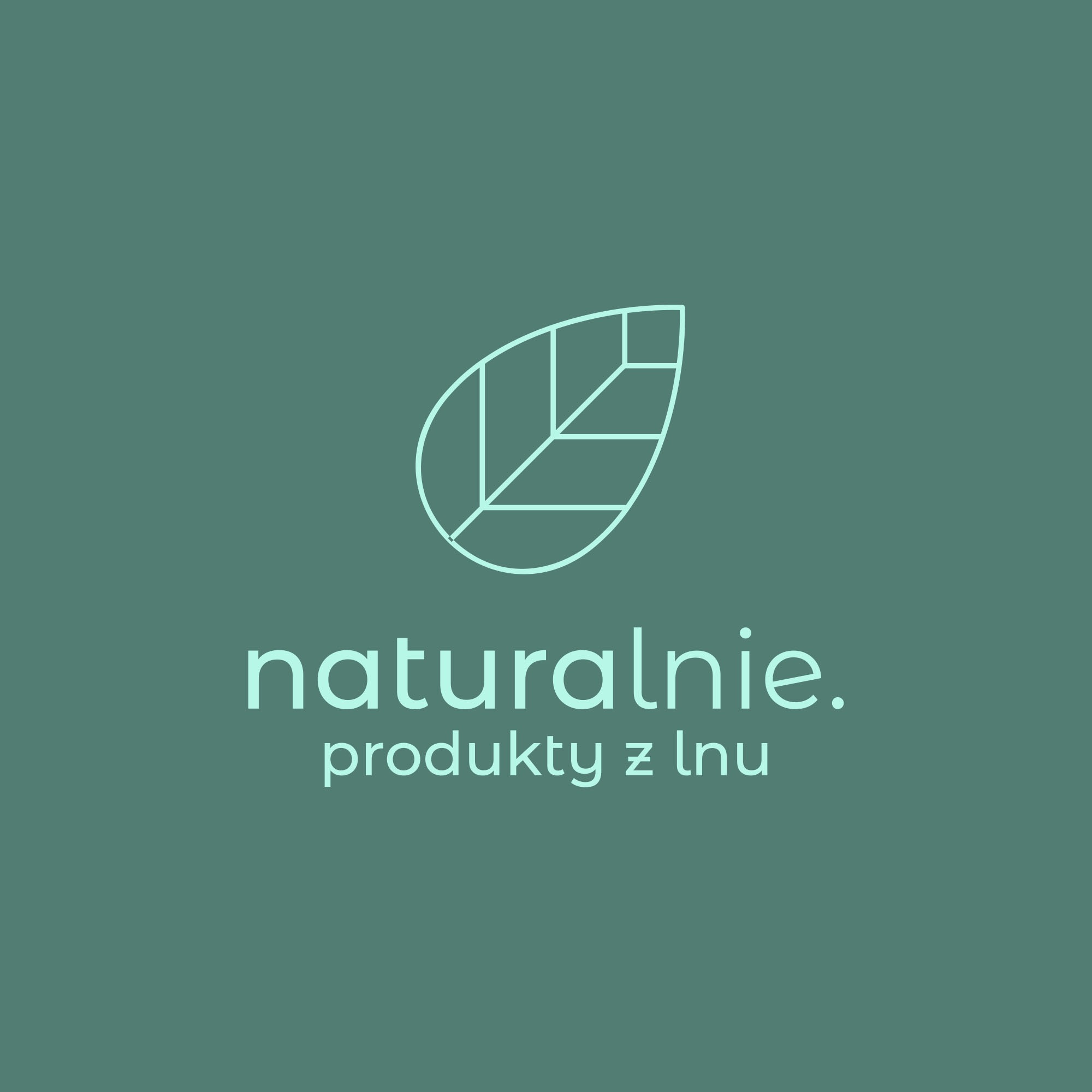 Minimalistyczne logo przedstawiające liść z geometrycznym podziałem wewnętrznym, umieszczone nad tekstem 'naturalnie. produkty z lnu' w kolorze morskim na tle w tym samym odcieniu.