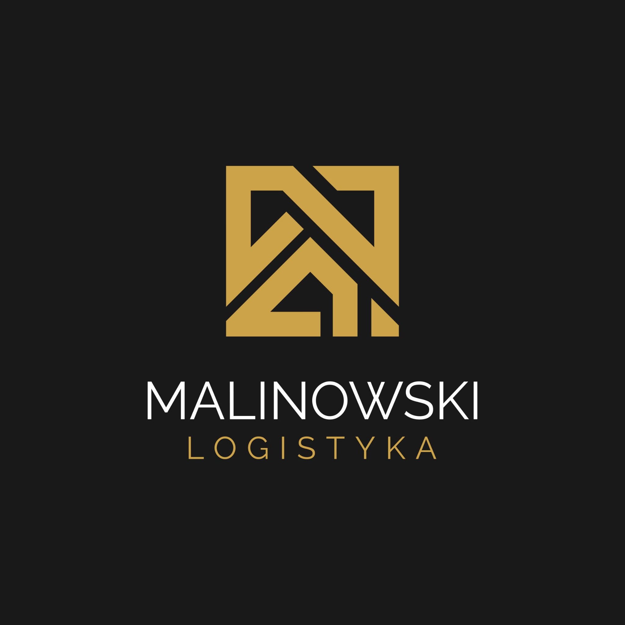 Złote logo firmy logistycznej Malinowski na czarnym tle, z geometrycznym symbolem w kwadracie nad nazwą firmy.