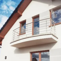 Elewacja domu z zaokrąglonym balkonem zabezpieczonym poziomą, metalową konstrukcją, widoczne okna z drewnianymi ramami i odbicie chmur.