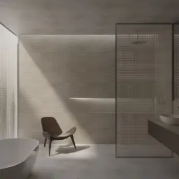 Minimalistyczna łazienka z wolnostojącą wanną, dwoma umywalkami nablatowymi na długim blacie i szklaną kabiną prysznicową o fakturze siatki, oświetlona naturalnym światłem padającym na ścianę...