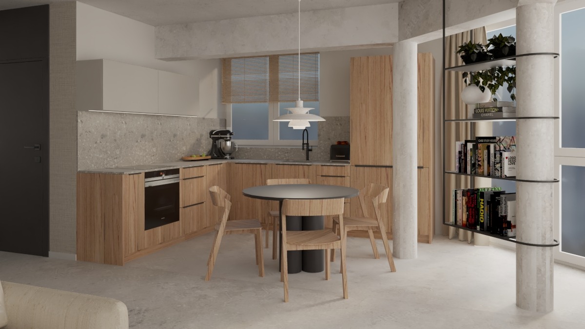 Wizualizacja jasnej kuchni z drewnianymi frontami, okrągłym stołem z czterema krzesłami i regałem na książki z roślinami w tle, nowoczesne oświetlenie.